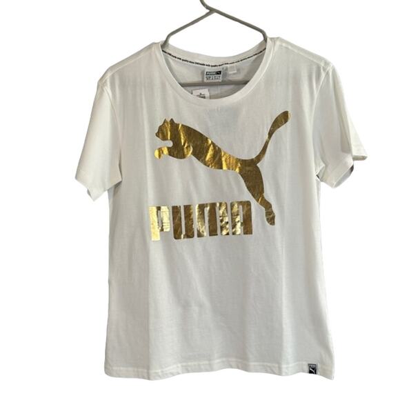 Puma White Short Sleeve Metallic Gold Logo Cat Front T-Shirt Women Sz XS - Picture 1 of 9